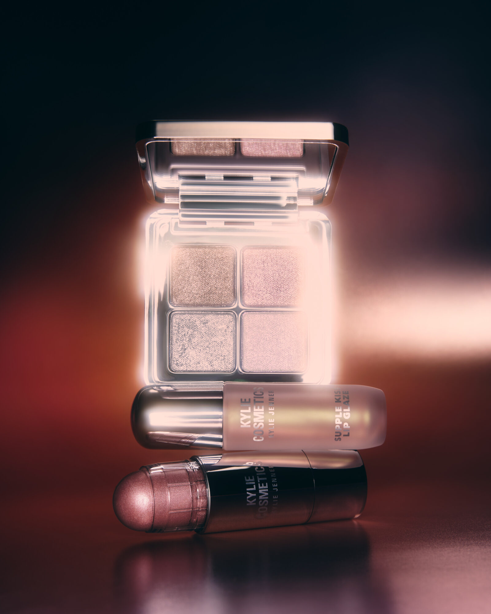 Kjc Cosmic 2 0 Makeup 25 Wet Shimmer Palette Dewy Balm Stick Rose Dusk Lip Glaze Sunburst Carton Background Cp 098 Hero